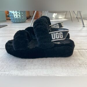 UGG Black Fluffy Platform Slippers